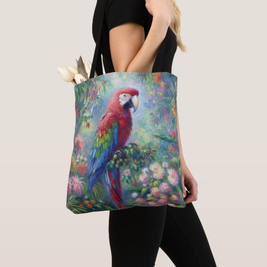 Papegaai Vogel Oerwoud Bloemen Impressionisme Schi Tote Bag (Dichtbij)