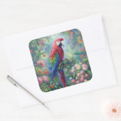 Papegaai Vogel Oerwoud Bloemen Impressionisme Schi Vierkante Sticker (Envelop)