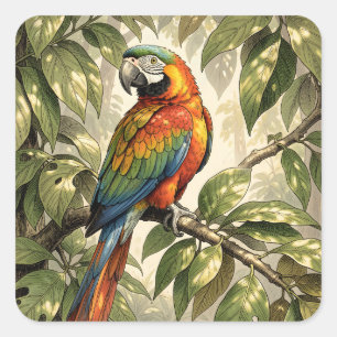 Papegaai vogel op boom tekening vierkante sticker