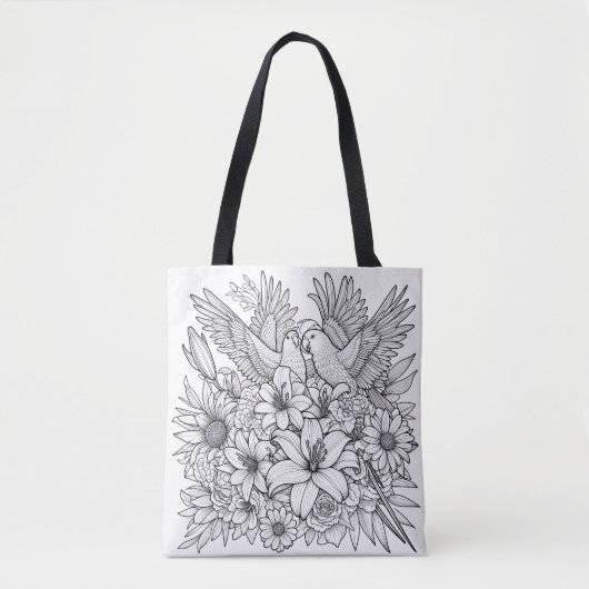 Papegaaien en Lilly Stof Potlood Art op Kleuren Tote Bag (Voorkant)