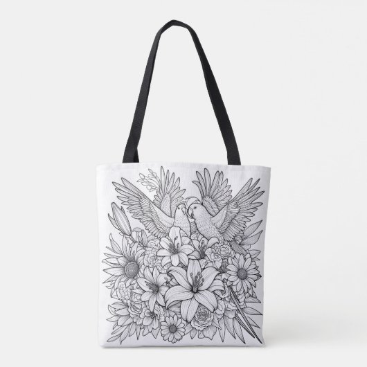 Papegaaien en Lilly Stof Potlood Art op Kleuren Tote Bag (Achterkant)