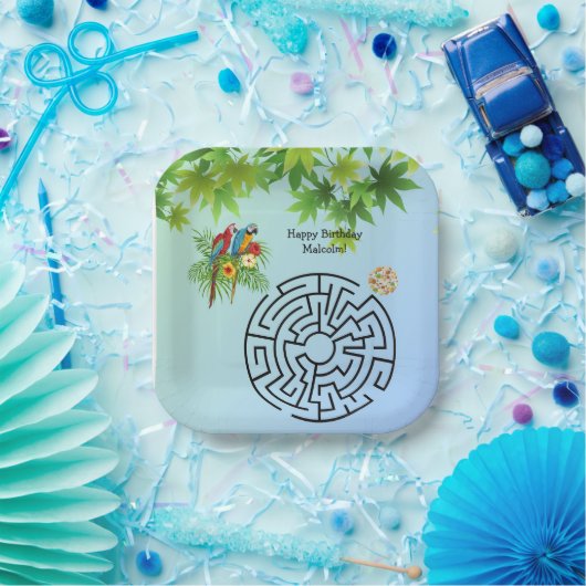 Papegaaien en zaaddoolhof op verjaardagspapier bor papieren bordje (Feest)