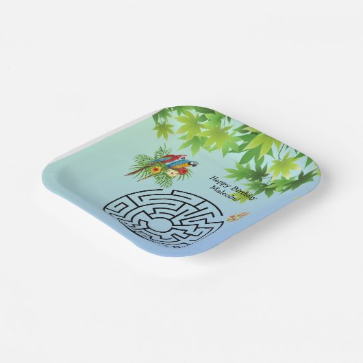 Papegaaien en zaaddoolhof op verjaardagspapier bor papieren bordje (Gebogen)