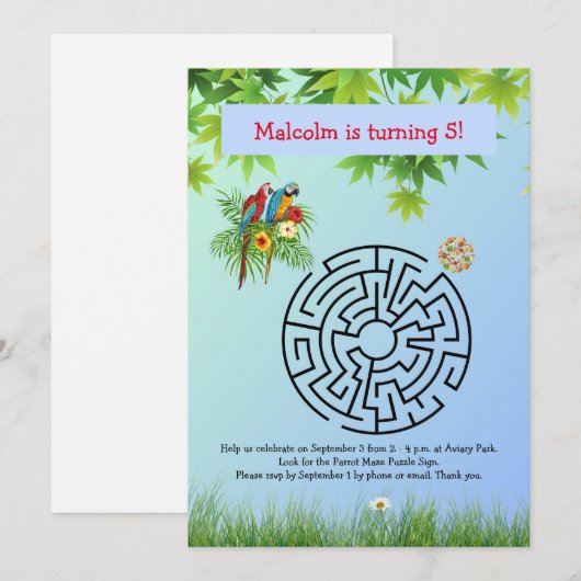 Papegaaien puzzeldoolhof op verjaardagsuitnodiging kaart (Voorkant / Achterkant)