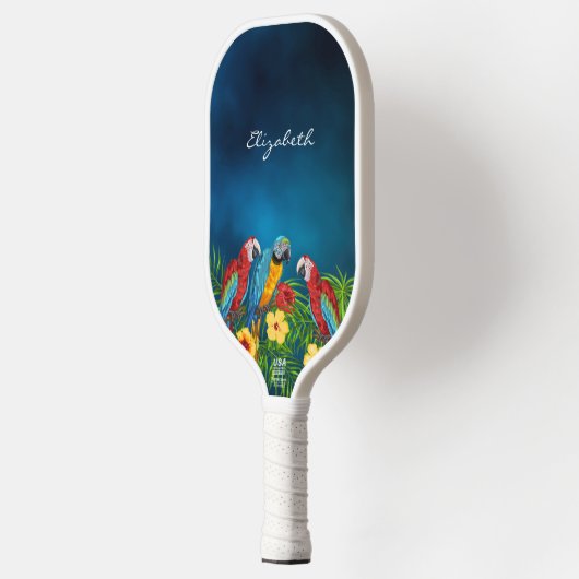 Papegaaien vogels rood blauw geel patroon naam sch pickleball paddle (Links)