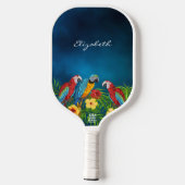 Papegaaien vogels rood blauw geel patroon naam sch pickleball paddle (Achterkant)