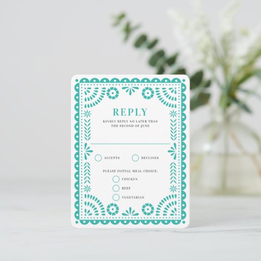 Papel Picado Aqua | RSVP-kaart voor weduwenantwoor RSVP Kaartje (Staand voorkant)