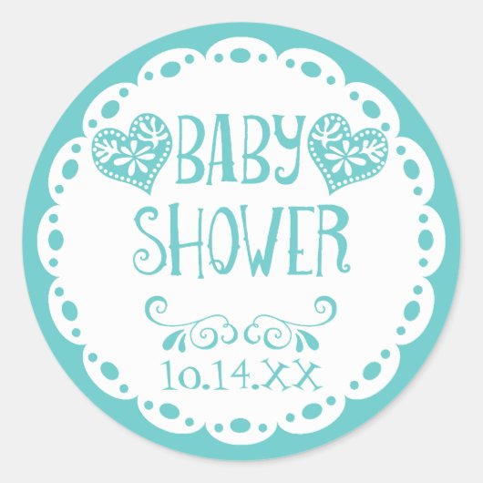 Papel Picado Baby shower Aqua Blue Fiesta Envelope Ronde Sticker (Voorkant)