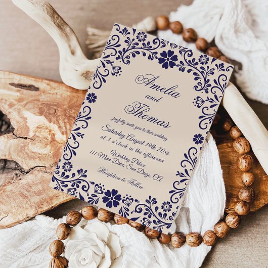 Papel Picado Beige Blue Mexican Wedding  Kaart