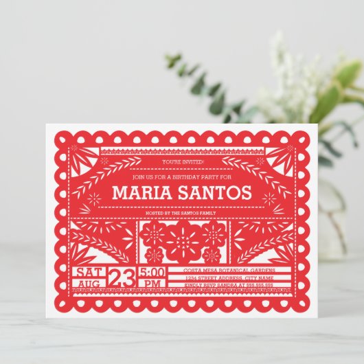 Papel Picado Birthday Party Invite - Red Kaart (Staand voorkant)