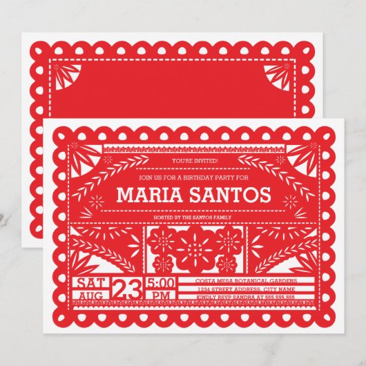 Papel Picado Birthday Party Invite - Red Kaart (Voorkant / Achterkant)