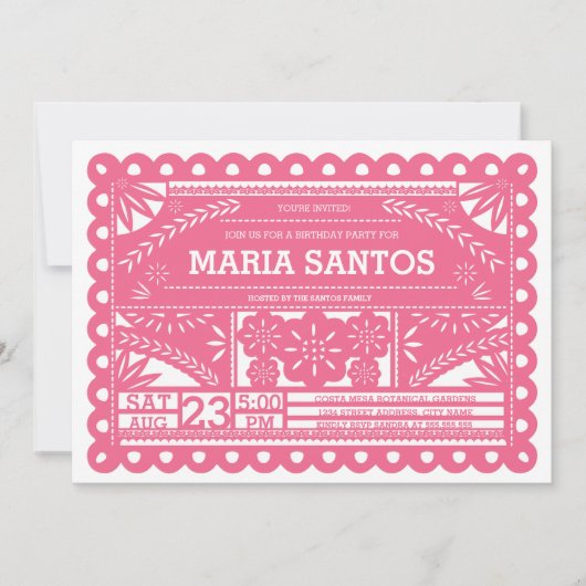 Papel Picado Birthday Party Invite - Roze Kaart (Voorkant)