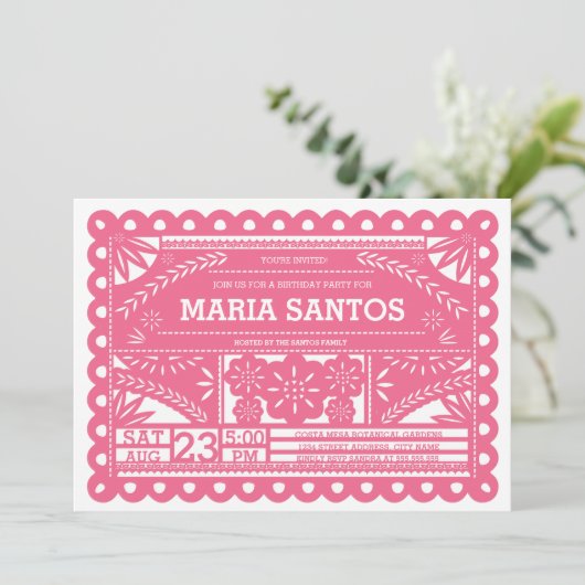 Papel Picado Birthday Party Invite - Roze Kaart (Staand voorkant)
