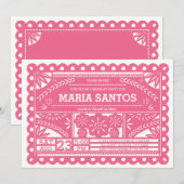 Papel Picado Birthday Party Invite - Roze Kaart (Voorkant / Achterkant)