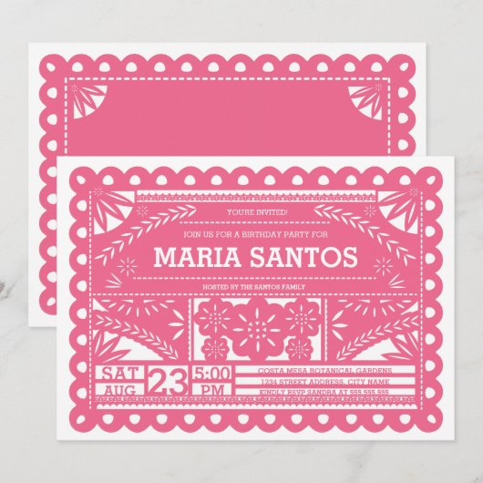 Papel Picado Birthday Party Invite - Roze Kaart (Voorkant / Achterkant)