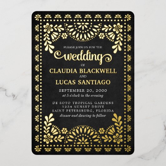 Papel Picado Black Wedding Folie Uitnodiging (Voorkant)