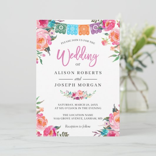 Papel Picado Bloom Flowers Mexican Style Wedding Kaart (Staand voorkant)