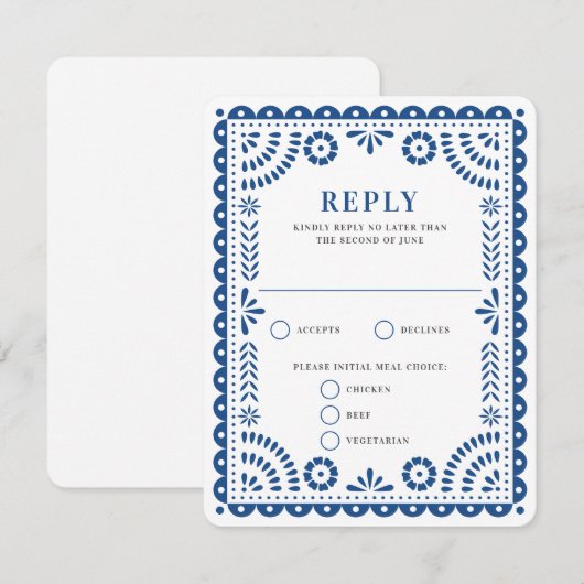 Papel Picado Blue | RSVP-kaart voor weduwenantwoor RSVP Kaartje (Voorkant / Achterkant)