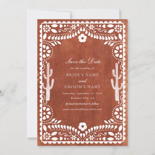 Papel Picado Boda Mexicaans Terracotta Bruin Bruil Save The Date (Voorkant)
