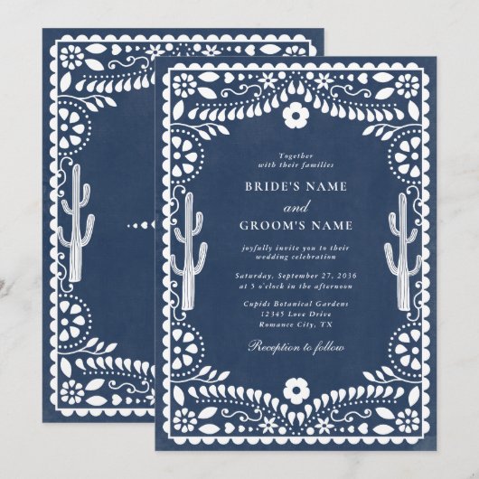 Papel Picado Boda Mexicaanse Rustieke Blauwe Bruil Kaart (Voorkant / Achterkant)