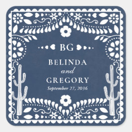 Papel Picado Boda Mexicaanse Rustieke Blauwe Huwel Vierkante Sticker