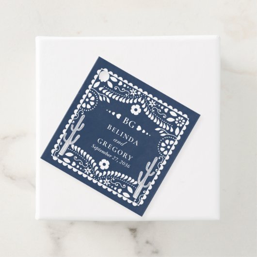 Papel Picado Boda Mexican Rustic Blue Wedding Bedankjes Labels (In situ)