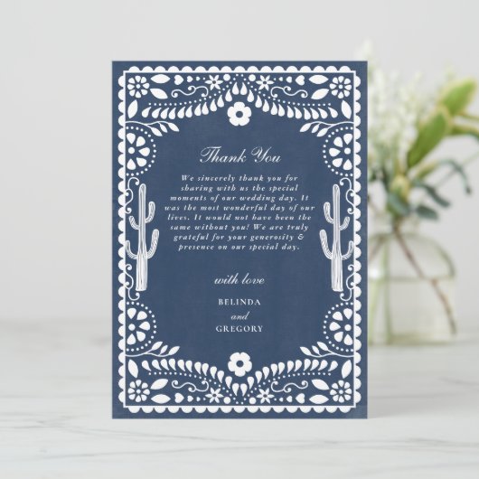 Papel Picado Boda Mexican Rustic Blue Wedding Bedankkaart (Staand voorkant)