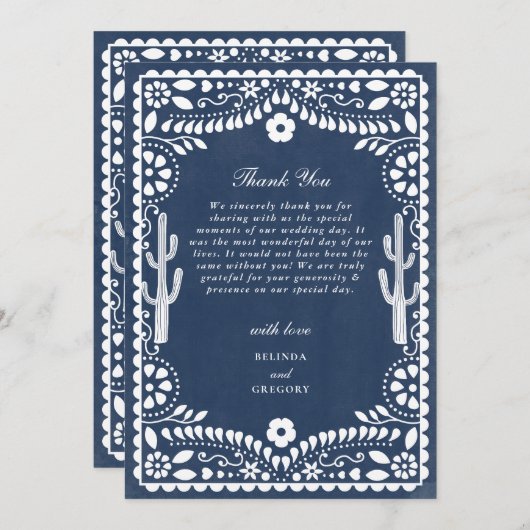 Papel Picado Boda Mexican Rustic Blue Wedding Bedankkaart (Voorkant / Achterkant)