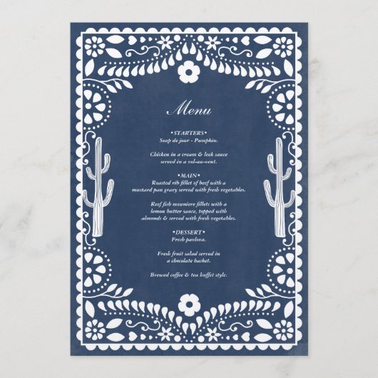 Papel Picado Boda Mexican Rustic Blue Wedding Menu (Voorkant)