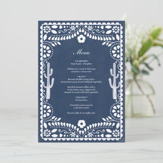 Papel Picado Boda Mexican Rustic Blue Wedding Menu (Staand voorkant)