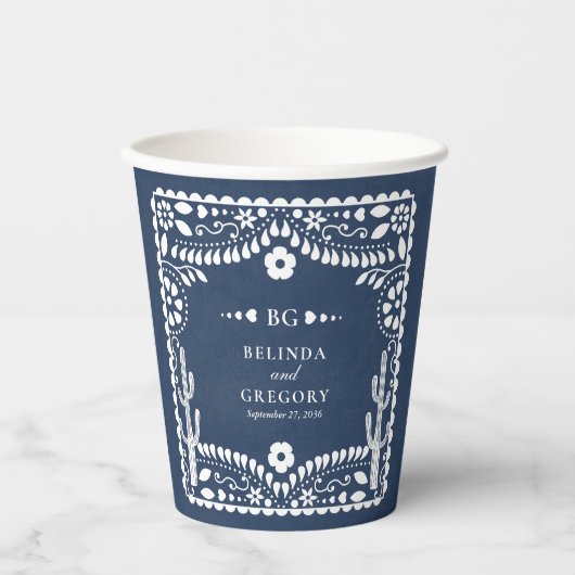 Papel Picado Boda Mexican Rustic Blue Wedding Papieren Bekers (Voorkant)