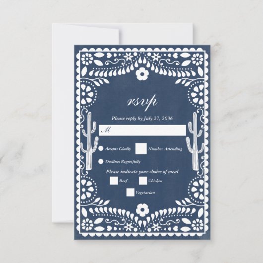 Papel Picado Boda Mexican  Rustic Blue Wedding RSVP Kaartje (Voorkant)