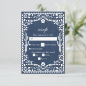 Papel Picado Boda Mexican  Rustic Blue Wedding RSVP Kaartje (Staand voorkant)