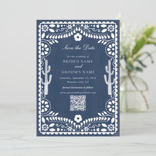 Papel Picado Boda Mexican Rustic Blue Wedding Save The Date (Staand voorkant)