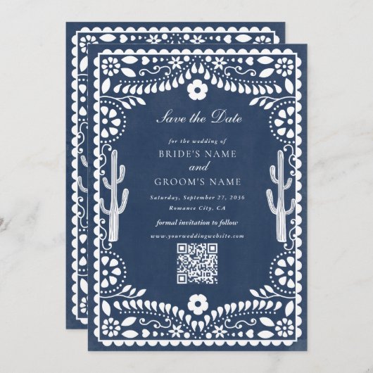 Papel Picado Boda Mexican Rustic Blue Wedding Save The Date (Voorkant / Achterkant)