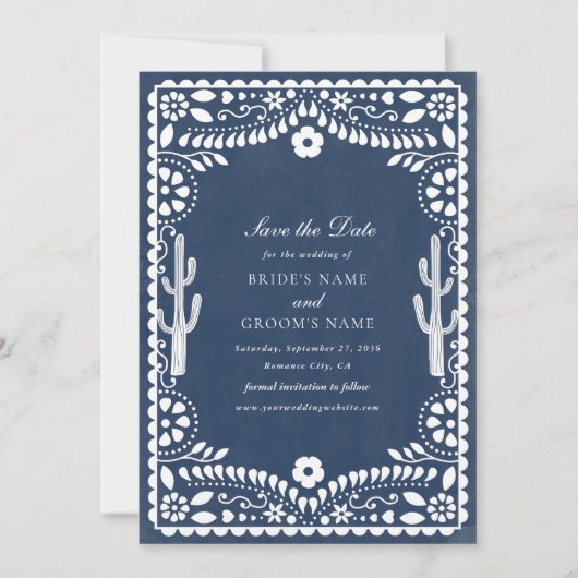 Papel Picado Boda Mexican Rustic Blue Wedding Save The Date (Voorkant)