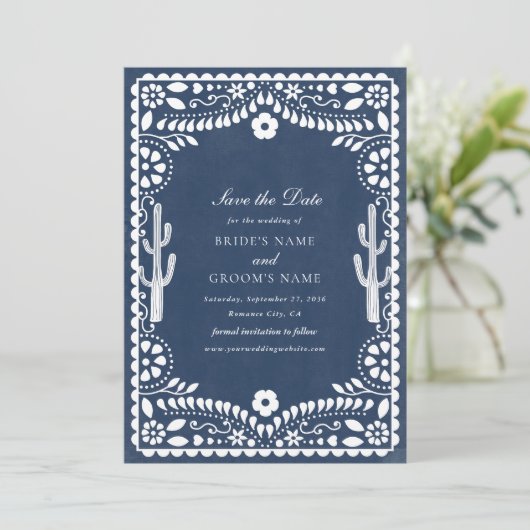 Papel Picado Boda Mexican Rustic Blue Wedding Save The Date (Staand voorkant)