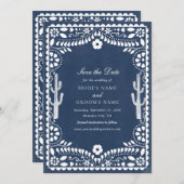 Papel Picado Boda Mexican Rustic Blue Wedding Save The Date (Voorkant / Achterkant)
