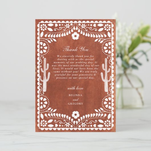 Papel Picado Boda Mexican Terracotta Brown Wedding Bedankkaart (Staand voorkant)