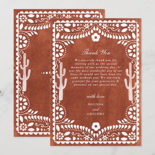 Papel Picado Boda Mexican Terracotta Brown Wedding Bedankkaart (Voorkant / Achterkant)