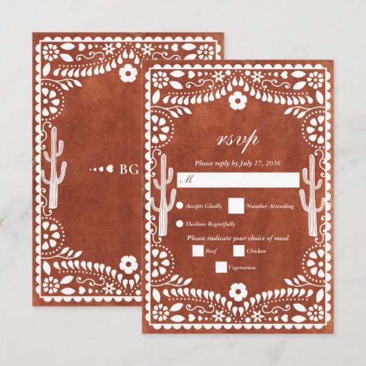 Papel Picado Boda Mexican Terracotta Brown Wedding RSVP Kaartje (Voorkant / Achterkant)