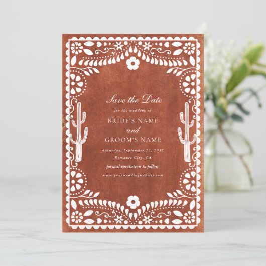 Papel Picado Boda Mexican Terracotta Brown Wedding Save The Date (Staand voorkant)