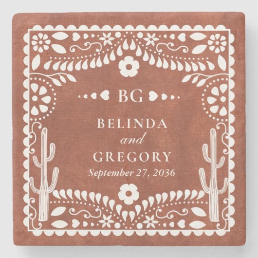 Papel Picado Boda Mexican Terracotta Brown Wedding Stenen Onderzetter (Voorkant)