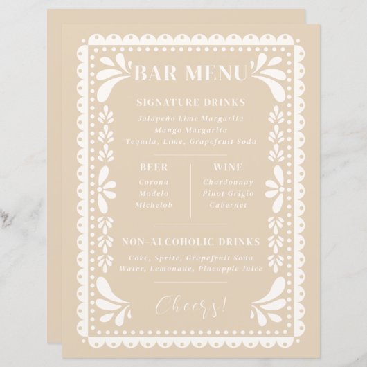 Papel Picado Bruiloft Bar Menu Modern Mexicaans th (Voorkant / Achterkant)