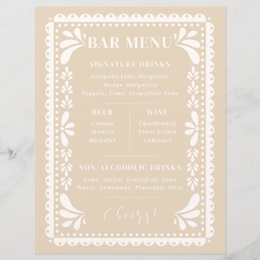 Papel Picado Bruiloft Bar Menu Modern Mexicaans th (Voorkant)