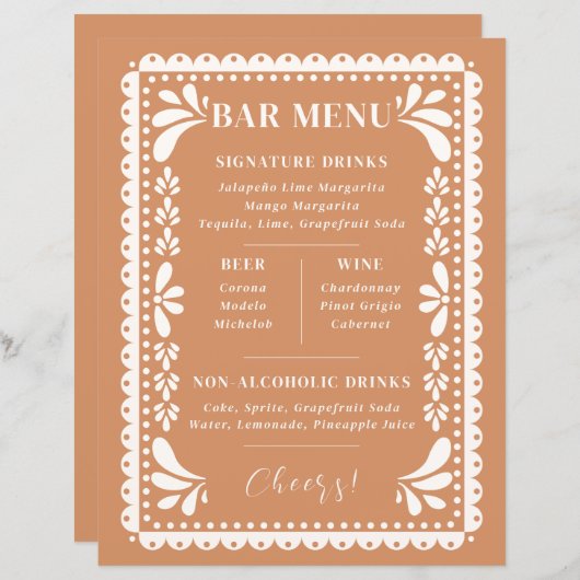Papel Picado Bruiloft Bar Menu Modern Mexicaans th (Voorkant / Achterkant)