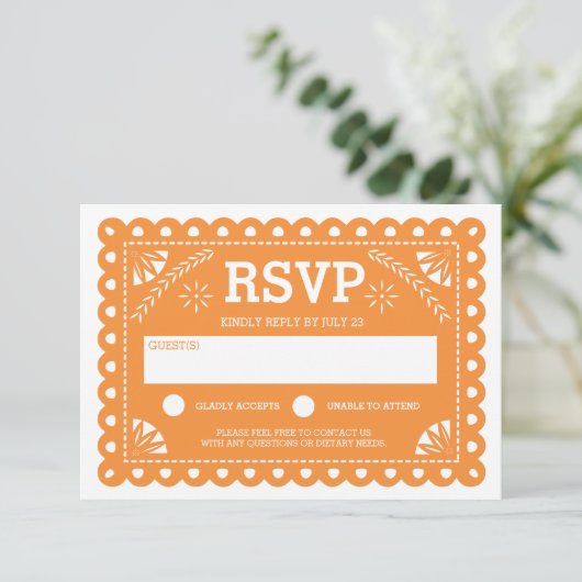 Papel Picado Bruiloft RSVP Sinaasappel (Staand voorkant)