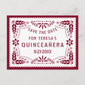 Papel picado burgundy QUINCEAÑERA Save the Date Aankondigingskaart (Voorkant)