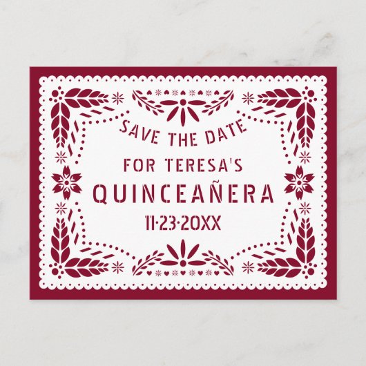 Papel picado burgundy QUINCEAÑERA Save the Date Aankondigingskaart (Voorkant)