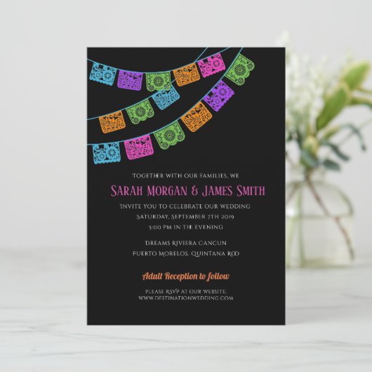 Papel Picado Destination Wedding Fiesta Kaart (Staand voorkant)